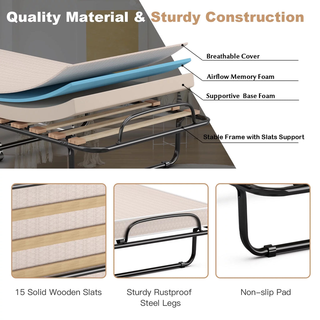 Costway Portable Folding Bed with Memory Foam Mattress Rollaway Cot Beige Made in Italy