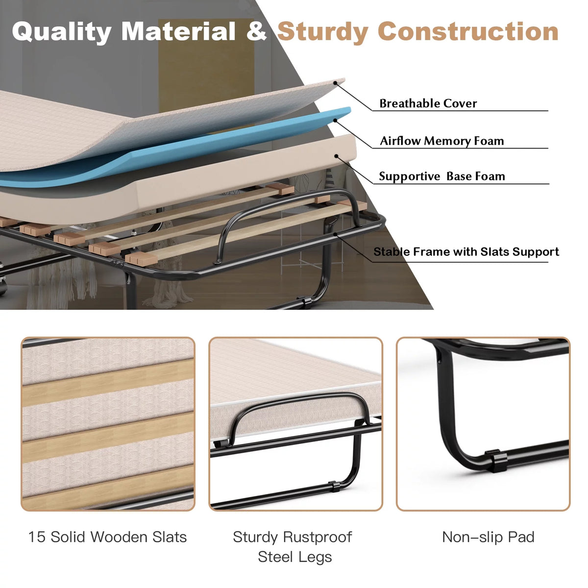 Costway Portable Folding Bed with Memory Foam Mattress Rollaway Cot Beige Made in Italy