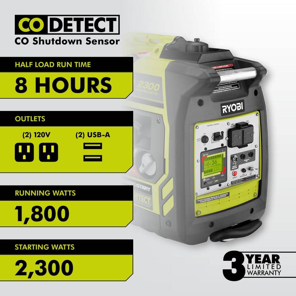 2,300-Watt Recoil Start Bluetooth Super Quiet Gasoline Powered Digital Inverter Generator with CO Shutdown Sensor RYi2322