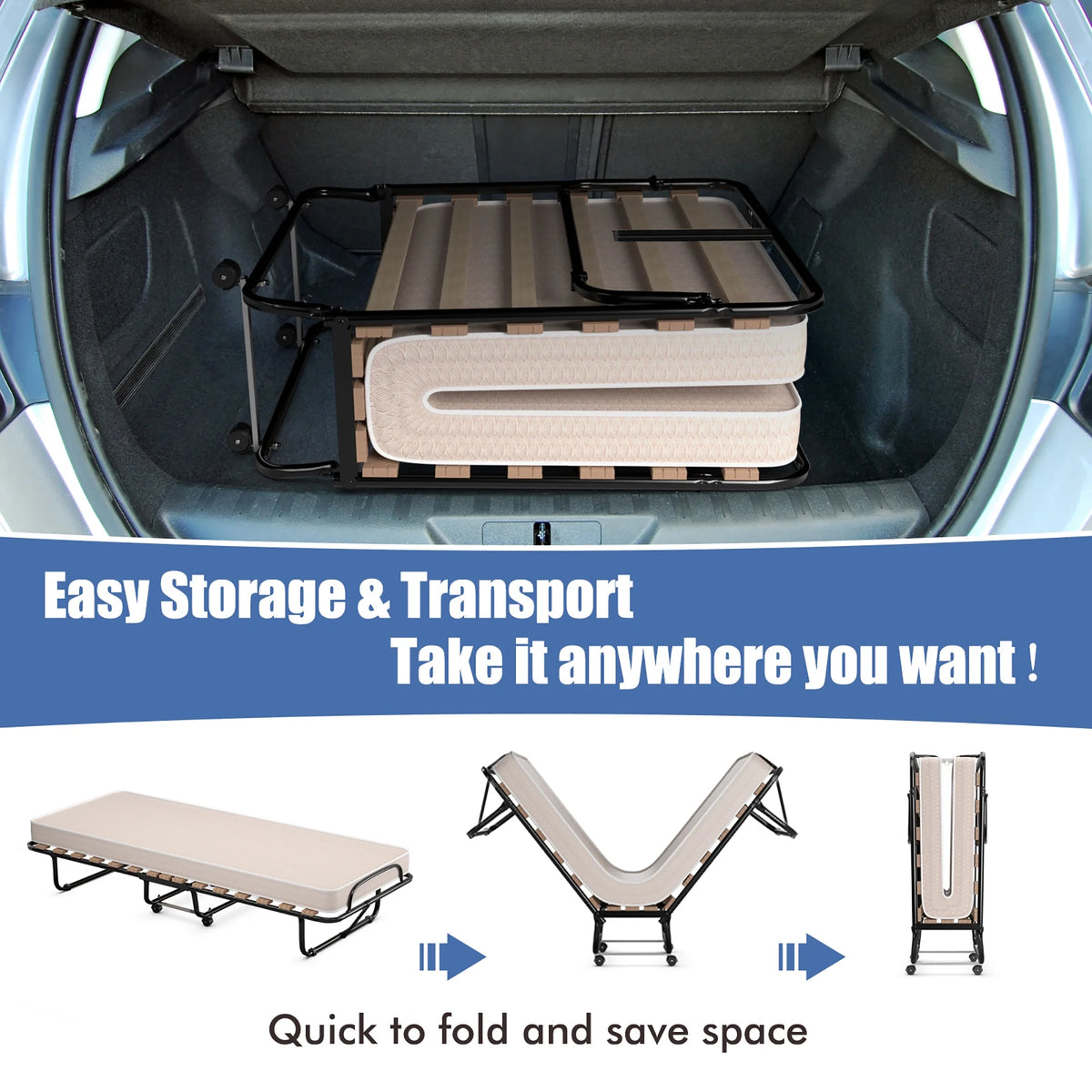 Costway Portable Folding Bed with Memory Foam Mattress Rollaway Cot Beige Made in Italy