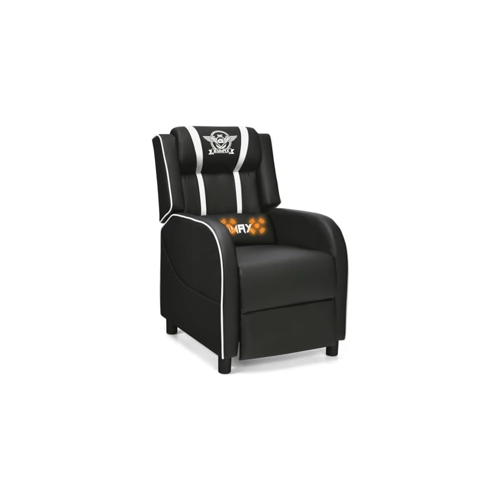 HOMGX Gaming Recliner Chair, Ergonomic PC Computer Chair w/Massage Function & Cushion, Modern Racing Style Single Lounge Sofa with Footrest, Adjustable Recliner Sofa for Adults (White)