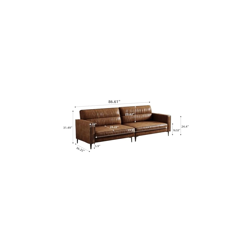 86.61" Brown Mid‑Century 3‑Seater Upholstered Sofa Metal Legs