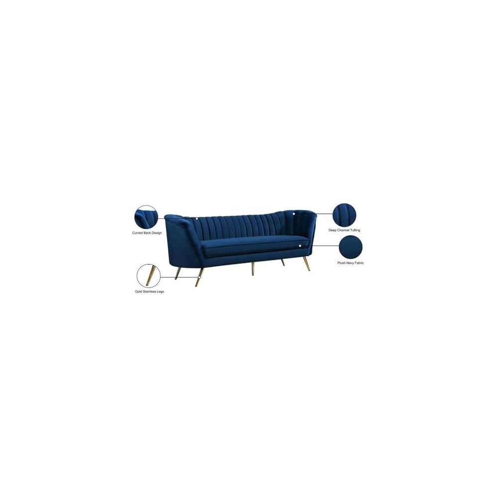 Meridian Furniture Margo Collection Modern | Contemporary Velvet Upholstered Sofa with Deep Channel Tufting and Rich Gold Stainless Steel Legs, Navy, 88" W x 30" D x 33" H