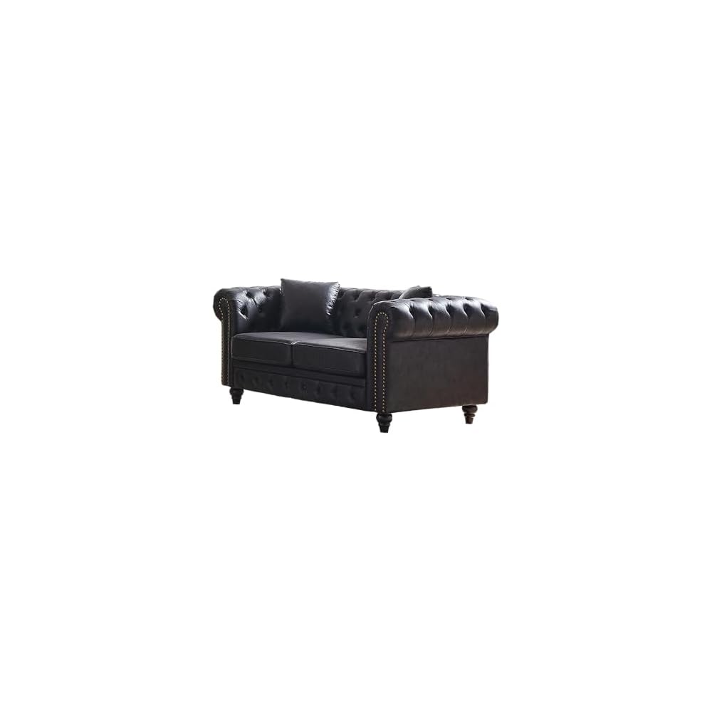 64" Chesterfield Sectional Sofa, Contemporary Design, Tech Fabric, Button Tufted & Nailhead Trim Arms, Upholstered with 2 Pillows for Living Room, Black