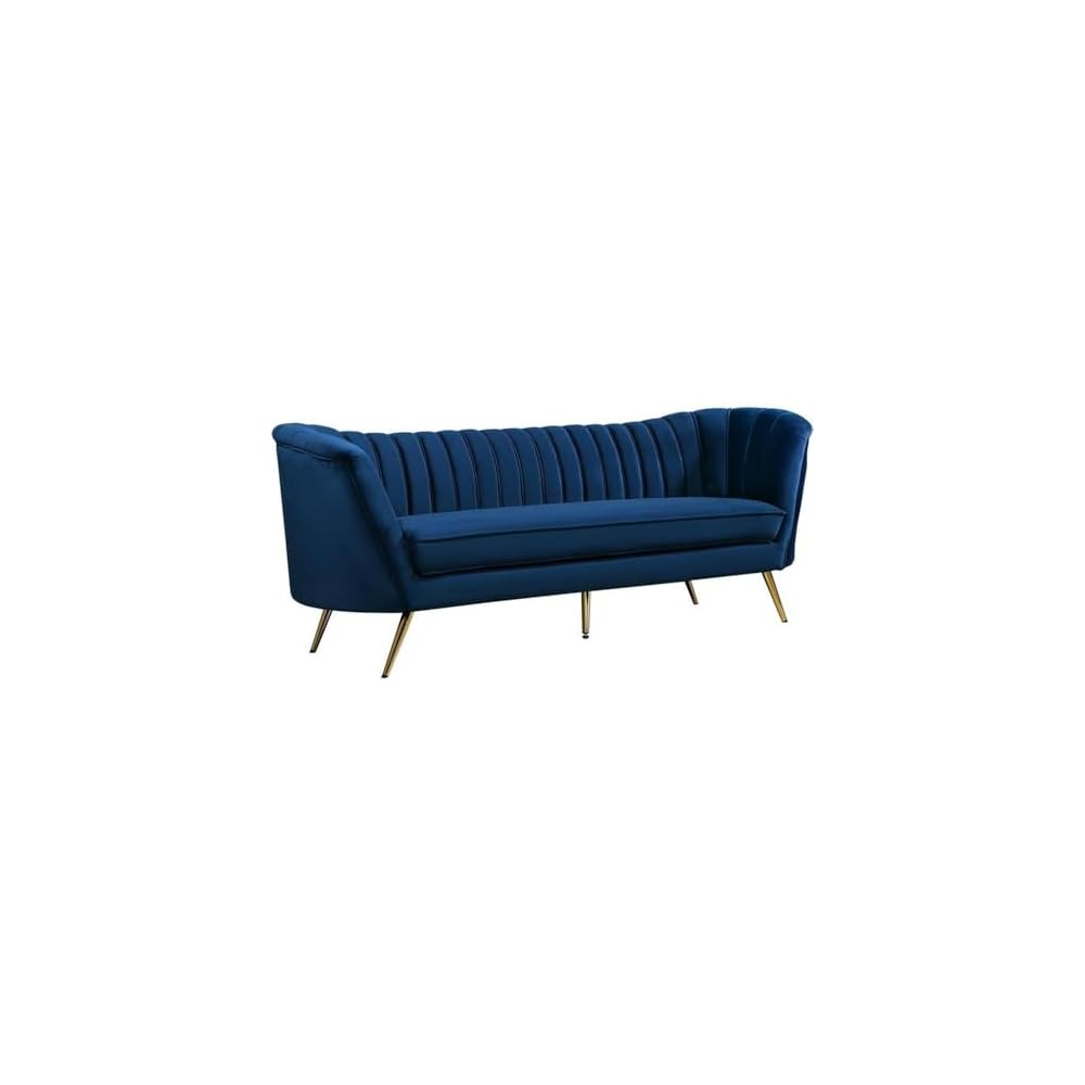Meridian Furniture Margo Collection Modern | Contemporary Velvet Upholstered Sofa with Deep Channel Tufting and Rich Gold Stainless Steel Legs, Navy, 88" W x 30" D x 33" H