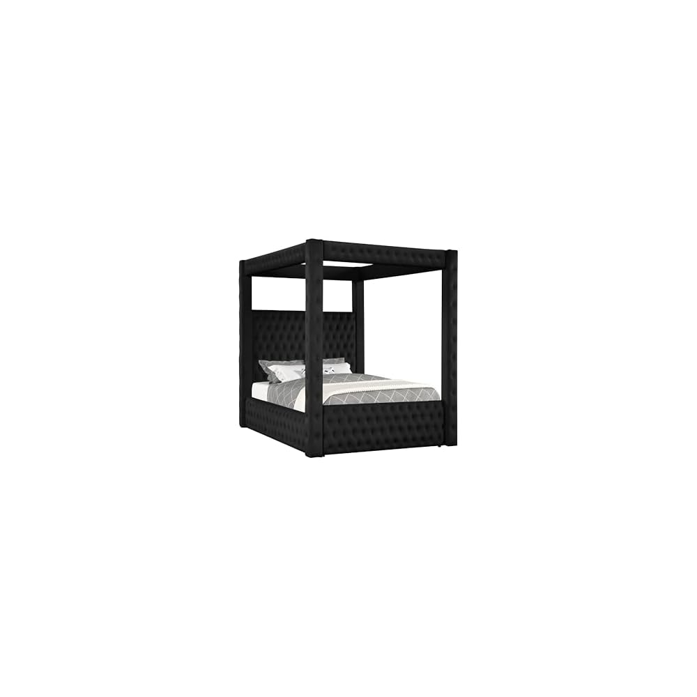 Benzara Beli King Size Canopy Bed, Tufted Design, Black Velvet Upholstery