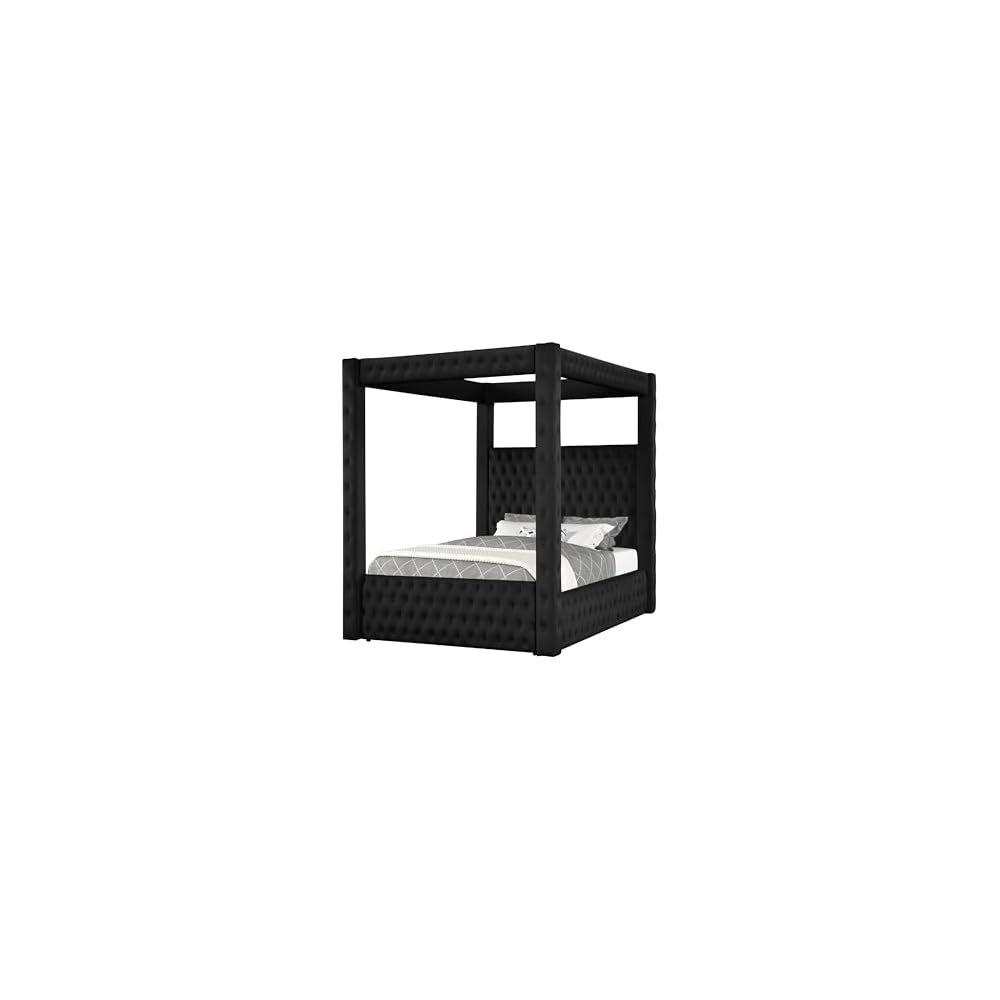 Benzara Beli King Size Canopy Bed, Tufted Design, Black Velvet Upholstery