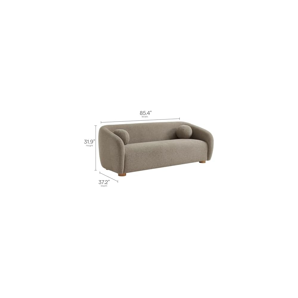 Modway Holland 85 Inch Minimalist Curved Back Sofa in Taupe – Chenille Fabric Sofa with Ball Throw Pillows and Wood Feet – Modern 3-Seater Couch for Living Room