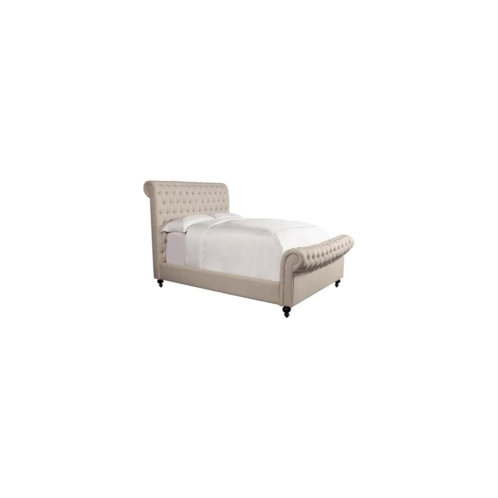 Pemberly Row Traditional Upholstered King Bed, Crepe Beige Finish, Kiln-Dried Hardwood Frame, Button-Tufted Headboard and Footboard, Solid Wood Legs, Chesterfield Sleigh Style, Bedroom Furniture