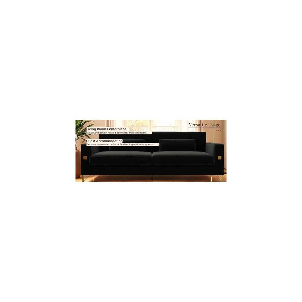 KEIKI 86" Oversized Luxury Velvet Sofa with Armrest and Removable Plush Cushions, Minimalist Gold Accents 3-Seater Couch with Solid Legs, Easy Assembly, for Living Room, Bedroom, Apartment, Black