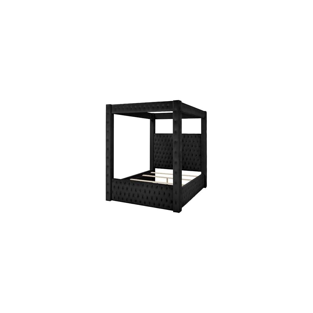 Benzara Beli King Size Canopy Bed, Tufted Design, Black Velvet Upholstery