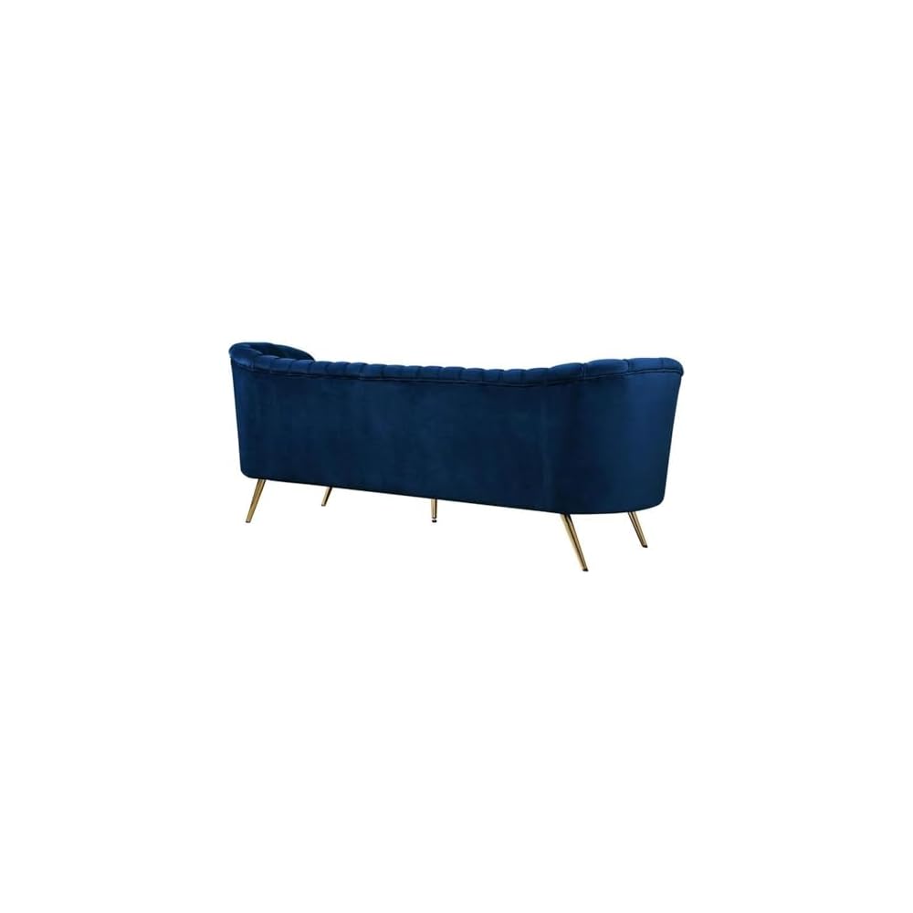 Meridian Furniture Margo Collection Modern | Contemporary Velvet Upholstered Sofa with Deep Channel Tufting and Rich Gold Stainless Steel Legs, Navy, 88" W x 30" D x 33" H
