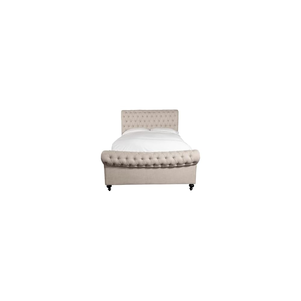 Pemberly Row Traditional Upholstered King Bed, Crepe Beige Finish, Kiln-Dried Hardwood Frame, Button-Tufted Headboard and Footboard, Solid Wood Legs, Chesterfield Sleigh Style, Bedroom Furniture