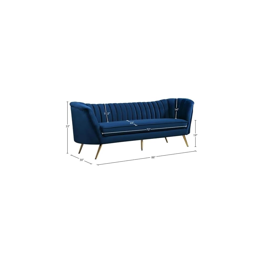 Meridian Furniture Margo Collection Modern | Contemporary Velvet Upholstered Sofa with Deep Channel Tufting and Rich Gold Stainless Steel Legs, Navy, 88" W x 30" D x 33" H