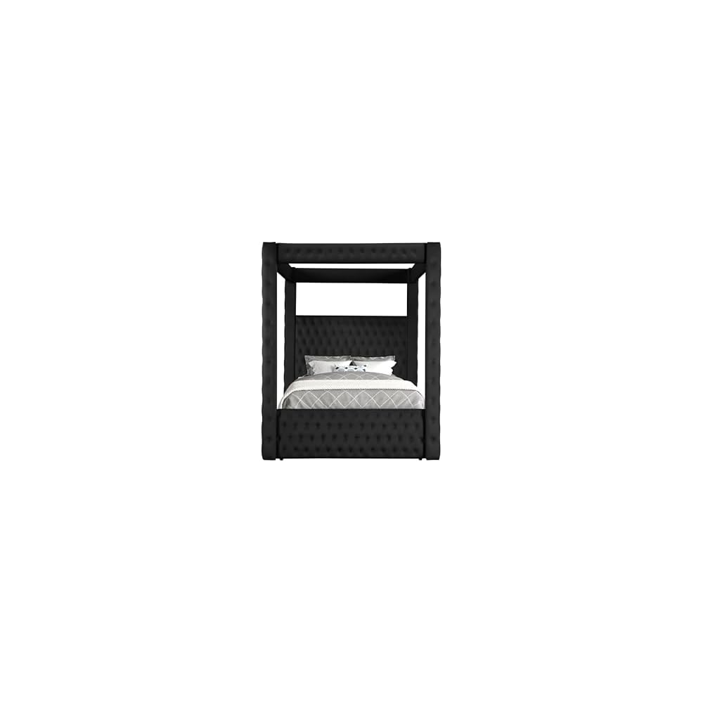Benzara Beli King Size Canopy Bed, Tufted Design, Black Velvet Upholstery