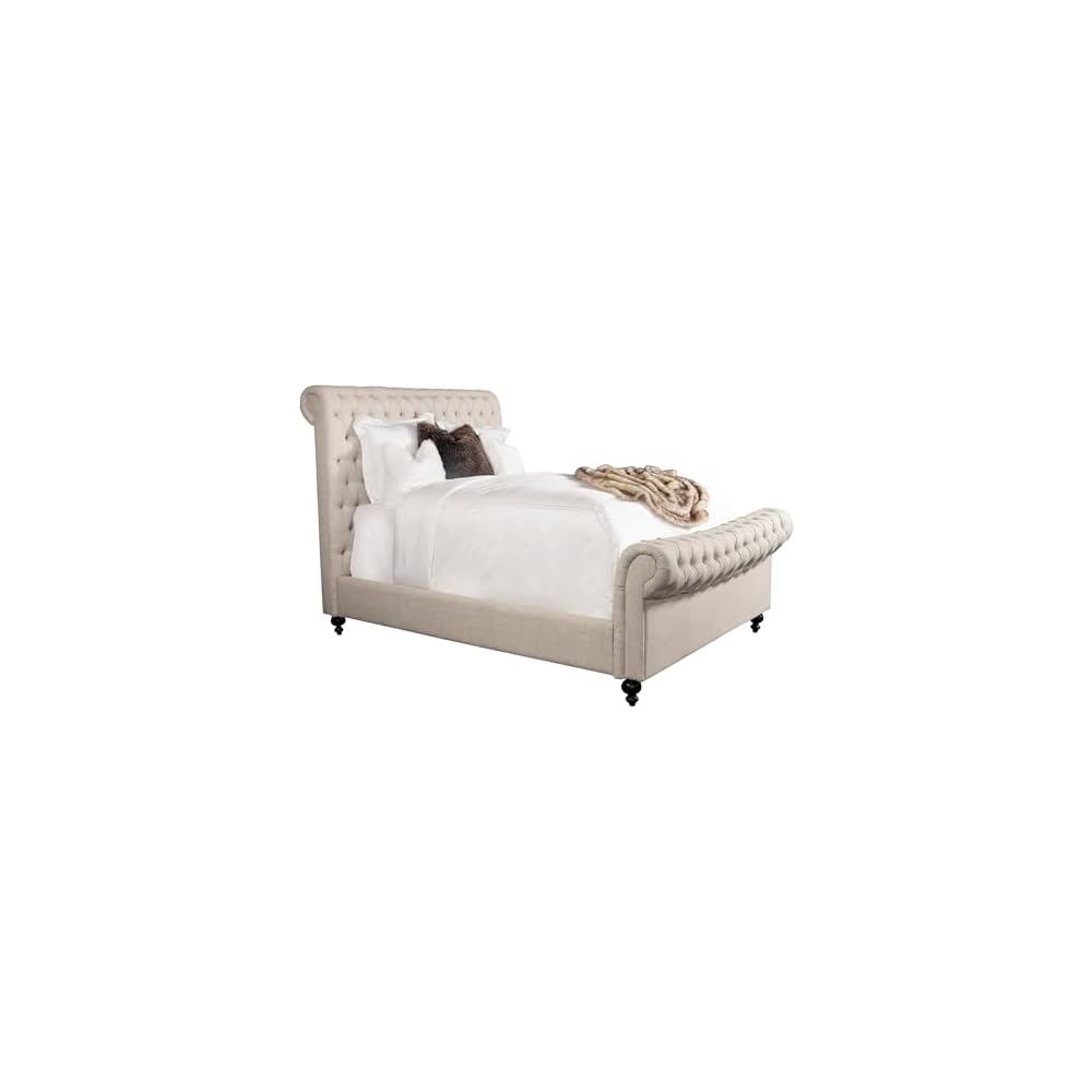 Pemberly Row Traditional Upholstered King Bed, Crepe Beige Finish, Kiln-Dried Hardwood Frame, Button-Tufted Headboard and Footboard, Solid Wood Legs, Chesterfield Sleigh Style, Bedroom Furniture