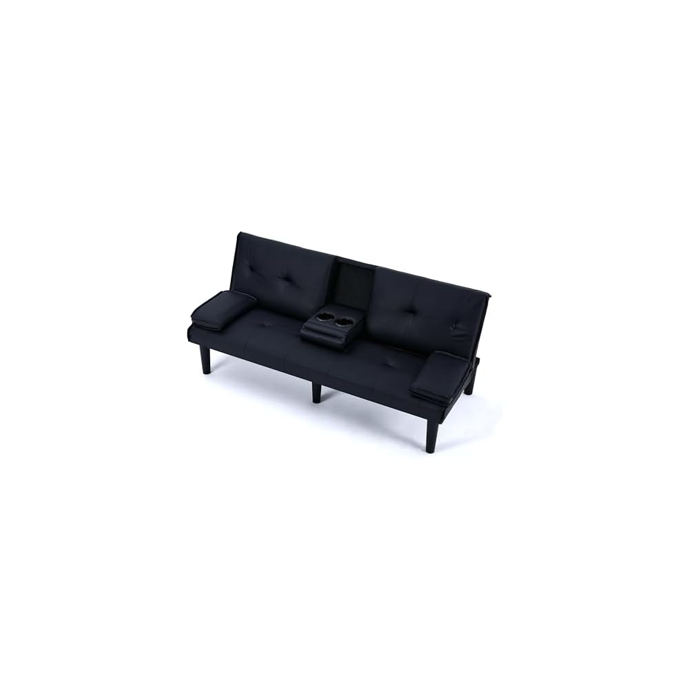 67-inch Black PVC Multi-Functional Sofa Bed with Foldable Design and Cup Holder - Solid Wood Frame, Sponge Filled, Ideal for Living Rooms, Dorms, and Small Offices (Black)