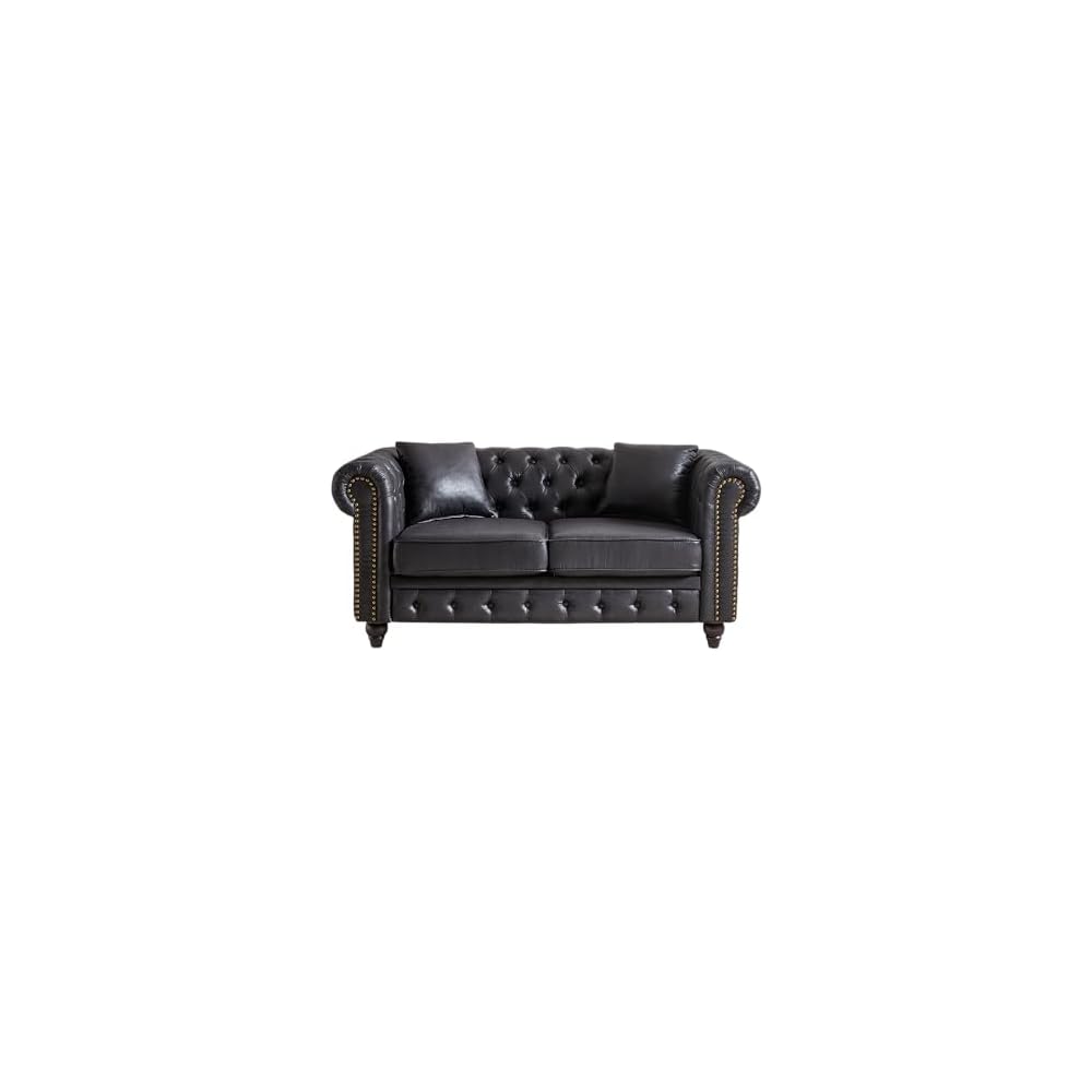 64" Chesterfield Sectional Sofa, Contemporary Design, Tech Fabric, Button Tufted & Nailhead Trim Arms, Upholstered with 2 Pillows for Living Room, Black