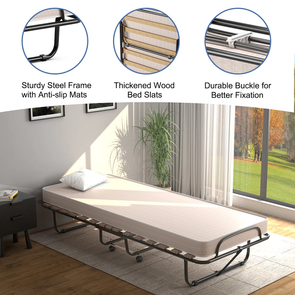 Costway Portable Folding Bed with Memory Foam Mattress Rollaway Cot Beige Made in Italy