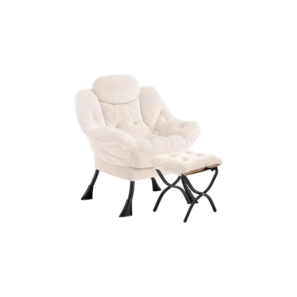 Lazy Chair with Folding Ottoman Modern Large Accent Chair,Contemporary Lounge Leisure Sofa Chair with Armrests Upholstered Sofa Armchair Reading Chair for Bedroom,Dorm & Office (Beige-f)
