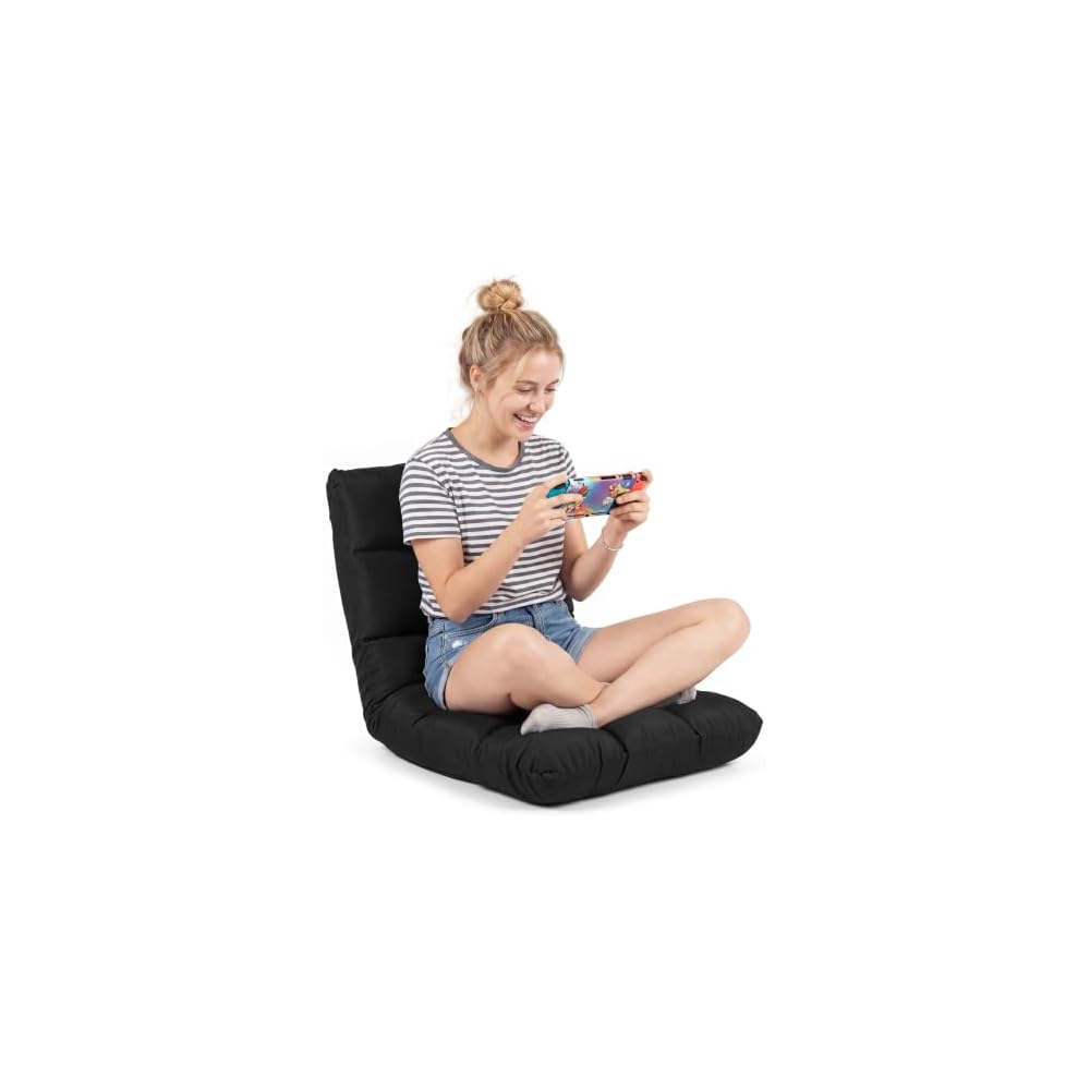 GIANTEX Folding Floor Chair with Back Support, 14 Adjustable Position, Padded Sleeper Bed, Couch Recliner, Floor Gaming Chair for Adults Meditation Living Room Bedroom, Black