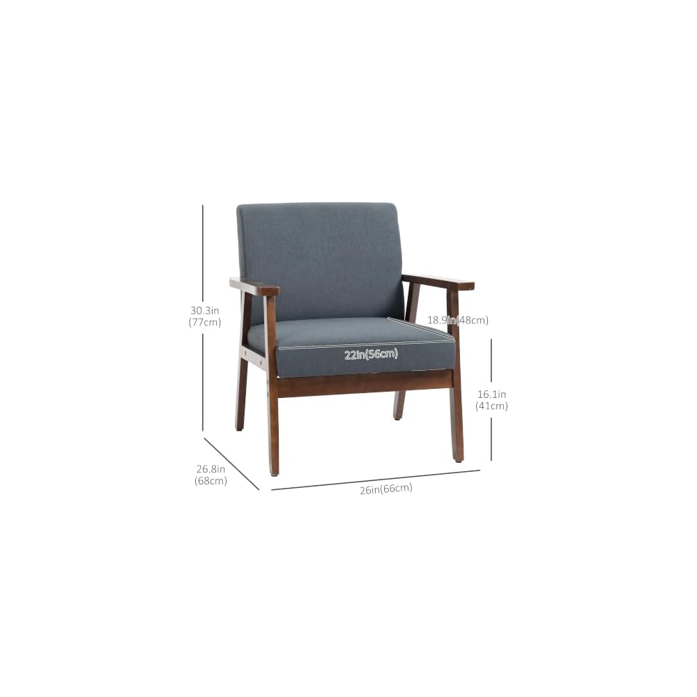 HOMCOM Modern Accent Chairs with Cushioned Seat, Upholstered Linen-Feel Armchair for Bedroom, Living Room Chair with Arms and Wood Legs, Dark Gray