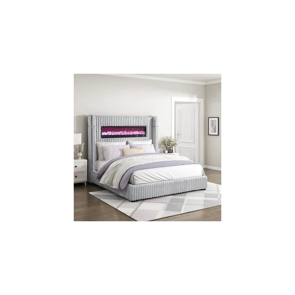 Lexicon Corduroy Upholstered Bed Frame, Remote Fireplace, Built-in Speaker, Wingback Queen Bed Frame with Headboard, Wooden Slats, Box Spring Needed, Assembly Required, Two-Tone Gray