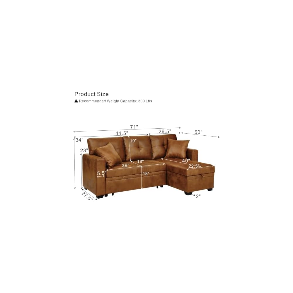 71" Convertible Sectional Sleeper Sofa with Pull Out Bed, Reversible L-Shaped Couch with Storage Chaise, 3 Seater Sofa Bed for Apartment & Small Spaces, Leather-Look Distressed Fabric, Brown
