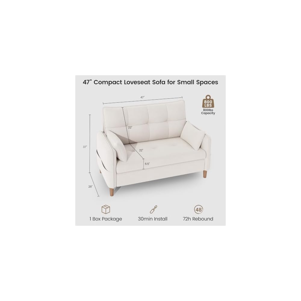 47" Chenille Loveseat Sofa, 2-Seater Couch with 2 Pillows, Off‑White