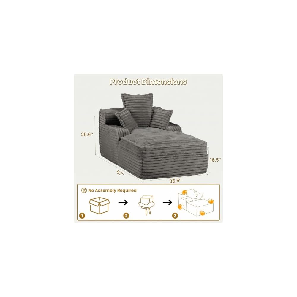 Boneless Chair Chaise Lounge Chair Indoor, Corduroy Upholstered Boneless Sofa Bed, 57'' Deep Seat Sleeper Sofa Reading Chairs, Small Comfy Cloud Sofas Couches for Living Room, Bedroom (Grey)