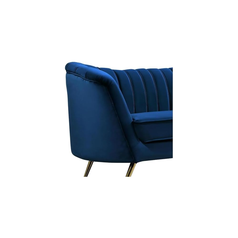 Meridian Furniture Margo Collection Modern | Contemporary Velvet Upholstered Sofa with Deep Channel Tufting and Rich Gold Stainless Steel Legs, Navy, 88" W x 30" D x 33" H