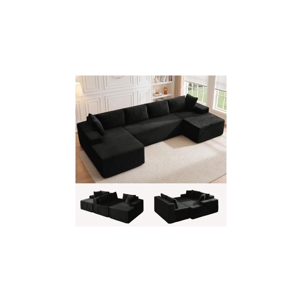 Korser 133" Oversized Modular Sectional Sofa, U-Shaped Boneless Couch with Double Chaise, Comfy Corduroy Cloud Couch Sectional, Deep Seat Sectional Couches for Living Room, No Assembly Required, Black