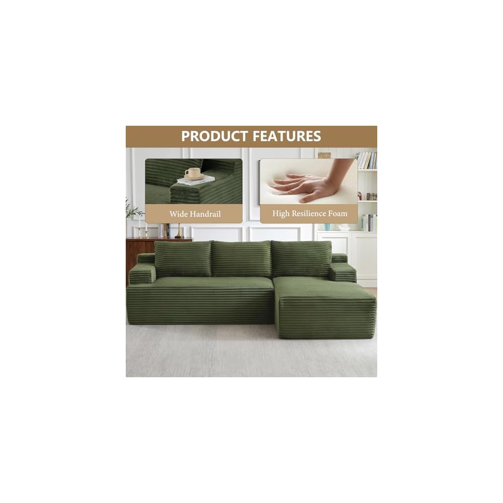 96" Modular Cloud Sectional Couch, Modern Corduroy L Shaped Modular Sofa, Upholstered Boneless Sectional Couches with Deep Seat for Living Room, No Assembly Required (Green, Right Facing Chaise)