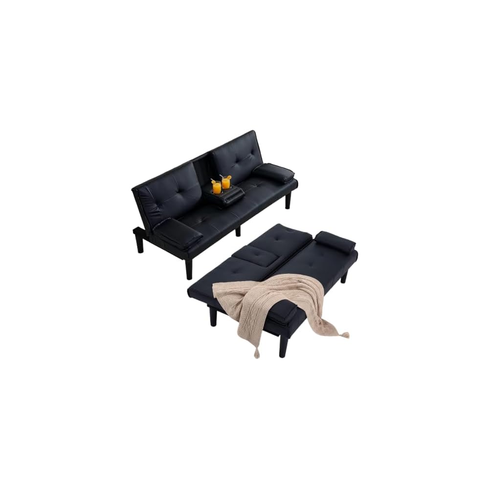 67-inch Black PVC Multi-Functional Sofa Bed with Foldable Design and Cup Holder - Solid Wood Frame, Sponge Filled, Ideal for Living Rooms, Dorms, and Small Offices (Black)