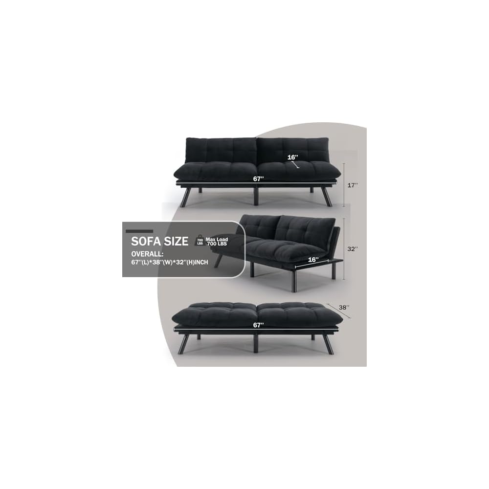 Convertible Futon Double Sofa Bed,2 in 1 with Adjustable Backrest Memory Foam Loveseat for Living Room Bedroom Office Apartment Compact Sofa(Black)
