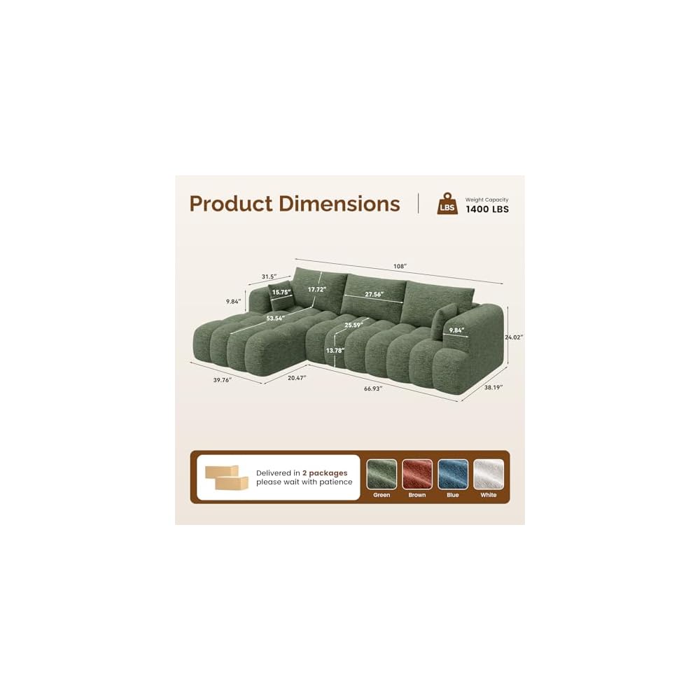 108” Boneless Couch, Cloud Couch with L-Shape Chaise, Modular Sectional Sofa with Oversized Deep Seat,Couch for Living Room Bedroom,No Assembly Required,Green