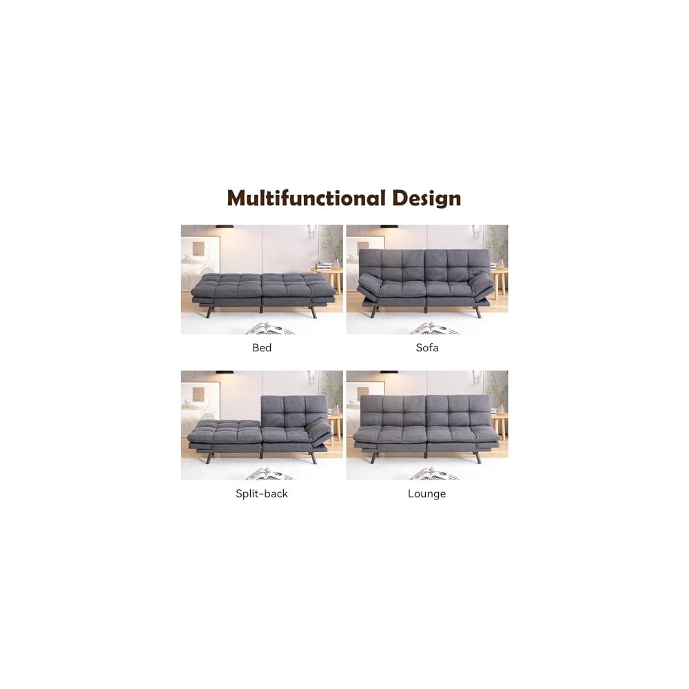 Futon Sofa Bed, Grey Linen Memory Foam Futon Sleeper Sofa Loveseat Convertible Couch Bed for Small Compact Living Spaces,Apartment