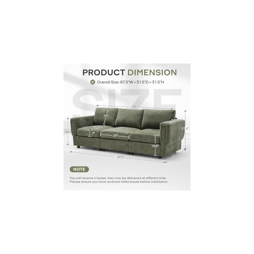 CIMOTA Modern 3 Seater Sofa 87.5" Modular Couch, Upholstered Chenille Fabric Couch Sofa with Armrest for Living Room Apartment, Green