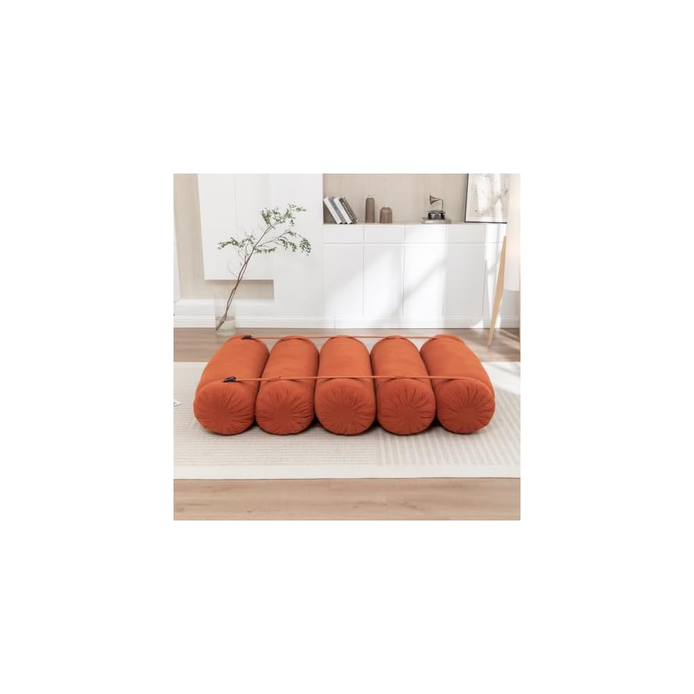 Adjustable Sofa Bed Corduroy Lazy Lounge Chair 5 Cylinder Roll Cushion with Tie Straps Multi-Person Leisure Chair for Living Room, Bedroom, Orange
