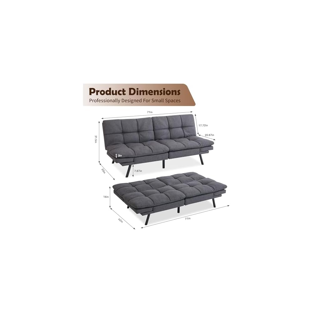 Futon Sofa Bed, Grey Linen Memory Foam Futon Sleeper Sofa Loveseat Convertible Couch Bed for Small Compact Living Spaces,Apartment