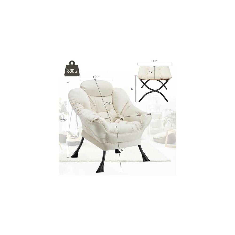Lazy Chair with Folding Ottoman Modern Large Accent Chair,Contemporary Lounge Leisure Sofa Chair with Armrests Upholstered Sofa Armchair Reading Chair for Bedroom,Dorm & Office (Beige-f)