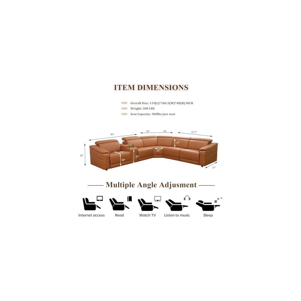 Leather Power Reclining Sectional Sofa with USB Ports for Living Room