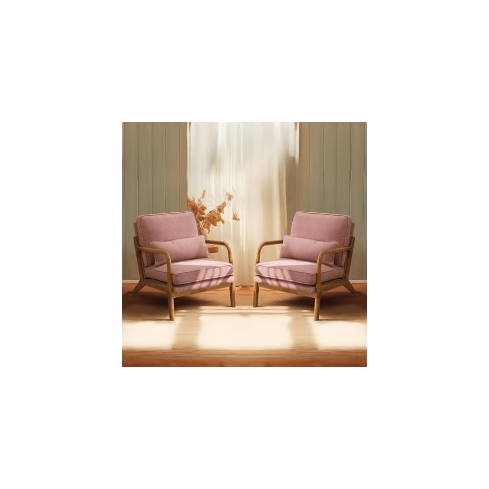 Bonnlo Dark Green Linen Mid Century Modern Accent Chair, Soild Wood Padding Lounge Armchairs Side Sitting Chairs for Living Room, Bedroom, Guest Room