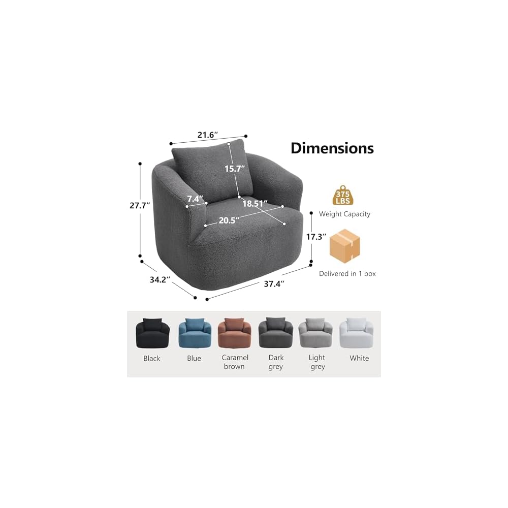 360° Swivel Round Accent Chair with Soft Pillow, Comfy Teddy Fleece Upholstered Barrel Chair, No Assembly Single Sofa for Living Room, Bedroom, Apartment (Antique Dark Grey)