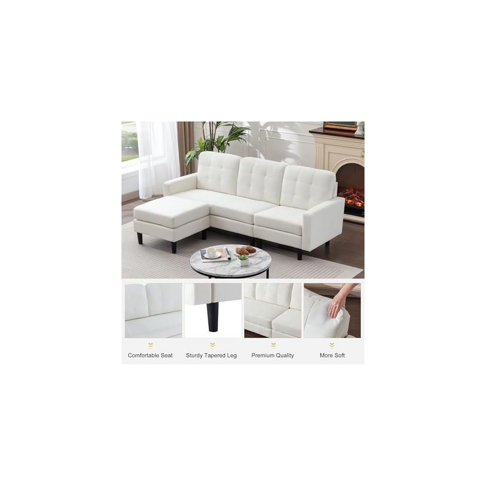 VECELO Convertible Sectional Sofa, Modern Linen Fabric L-Shaped Couch with Reversible Chaise for Living Room/Apartment/Office, White