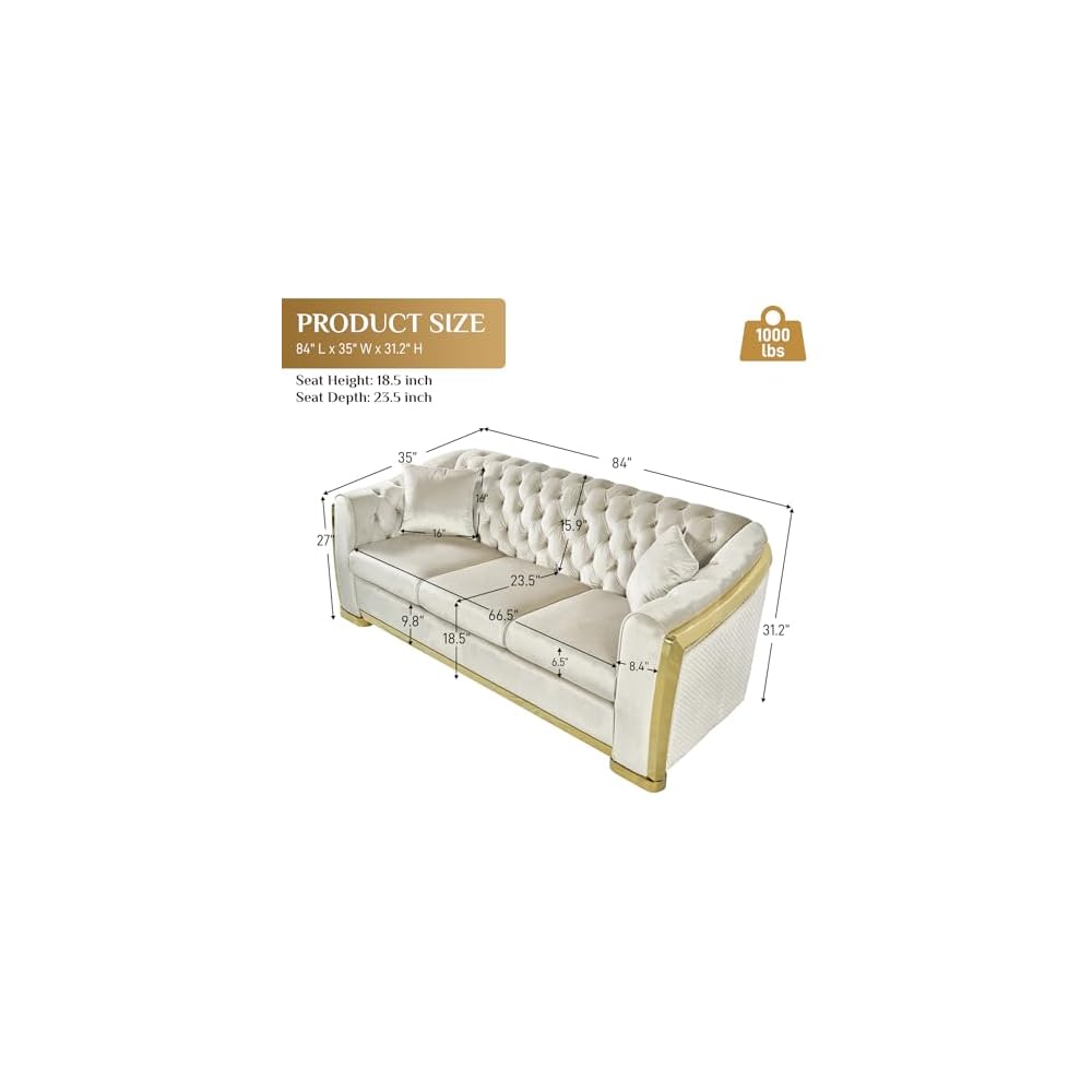 84" Velvet Chesterfield Sofa Luxury Victorian White and Gold Couch, Beige