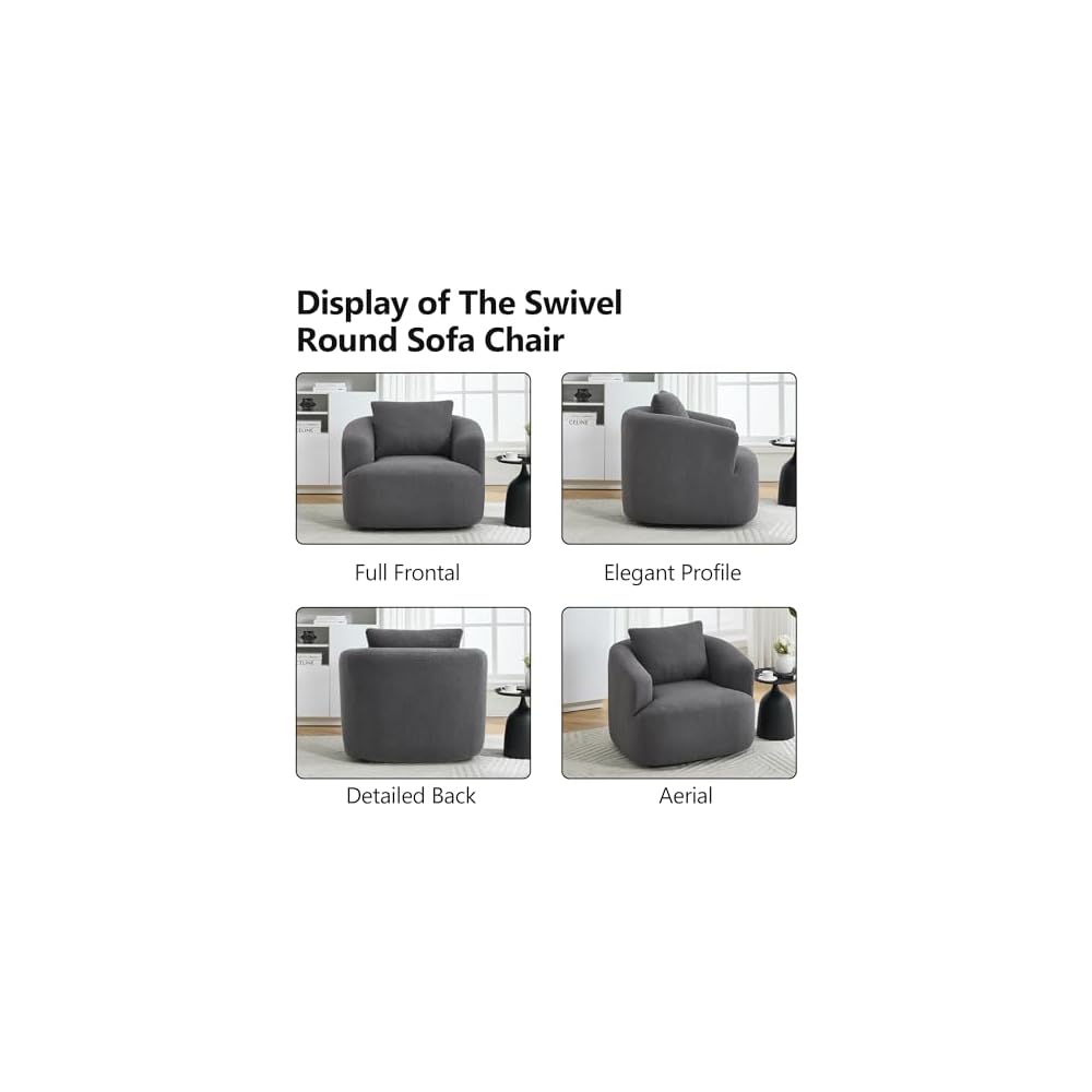 360° Swivel Round Accent Chair with Soft Pillow, Comfy Teddy Fleece Upholstered Barrel Chair, No Assembly Single Sofa for Living Room, Bedroom, Apartment (Antique Dark Grey)