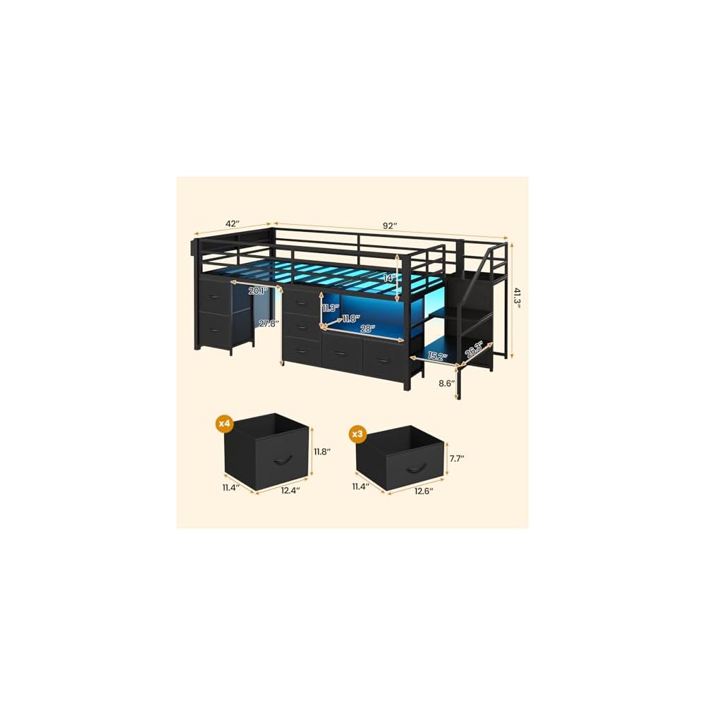 ADORNEVE Kids Low Loft Bed Twin Size with Stairs, 7 Drawers, Bookcase,Black