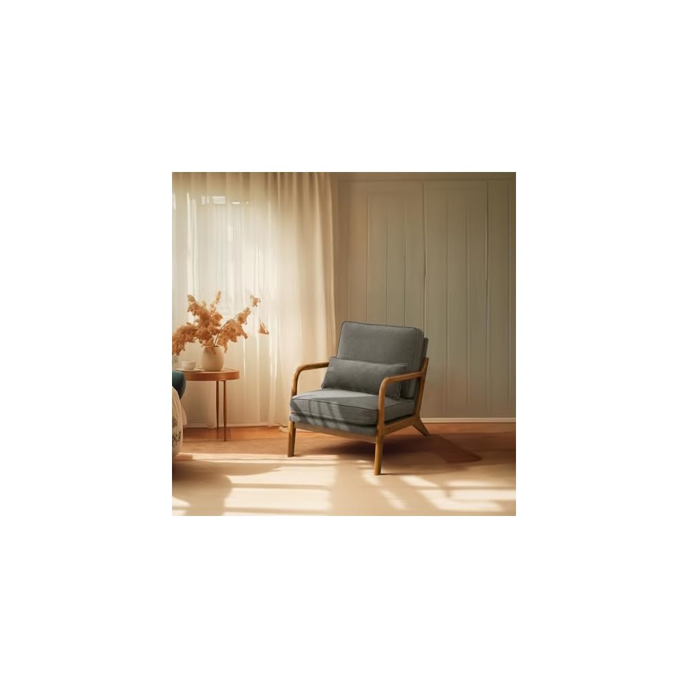 Bonnlo Dark Green Linen Mid Century Modern Accent Chair, Soild Wood Padding Lounge Armchairs Side Sitting Chairs for Living Room, Bedroom, Guest Room