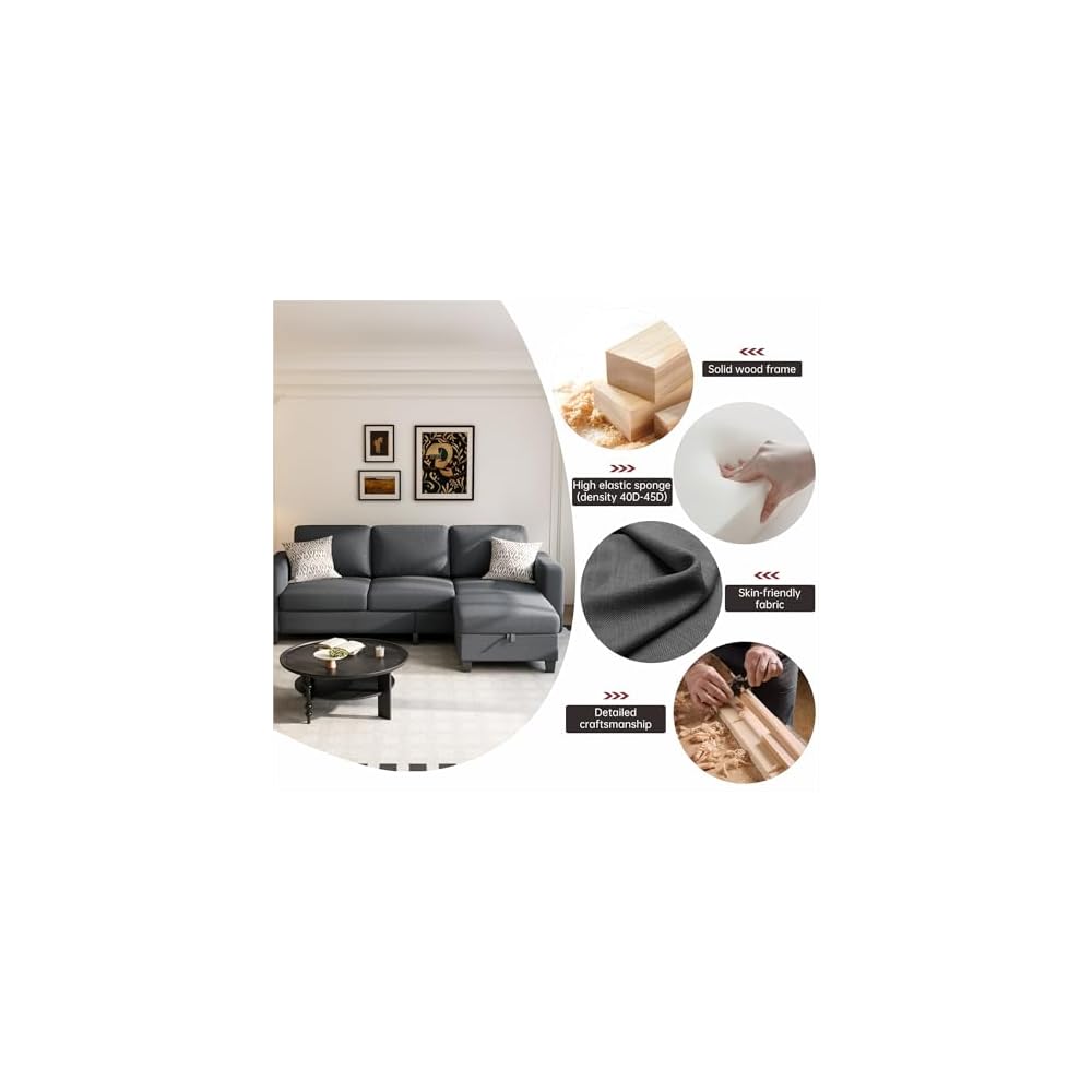 Youmumeub 78" Sectional Sofa Couches for Living Room, 3 Seat L Shaped Convertible Couch with Storage Ottoman, Comfortable Pet-Friendly Linen Sofa Set for Small Space, Apartment, Office, Dark Grey